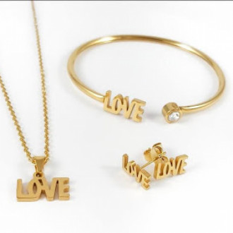 Juego Love Dorado Cadena+aretes+pulso